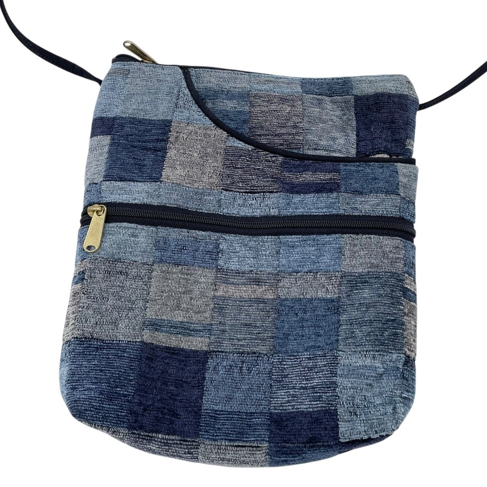 Danny K Crossbody Tapestry Fabric Chenille Purse Blue Patchwork Y2K Made in USA
